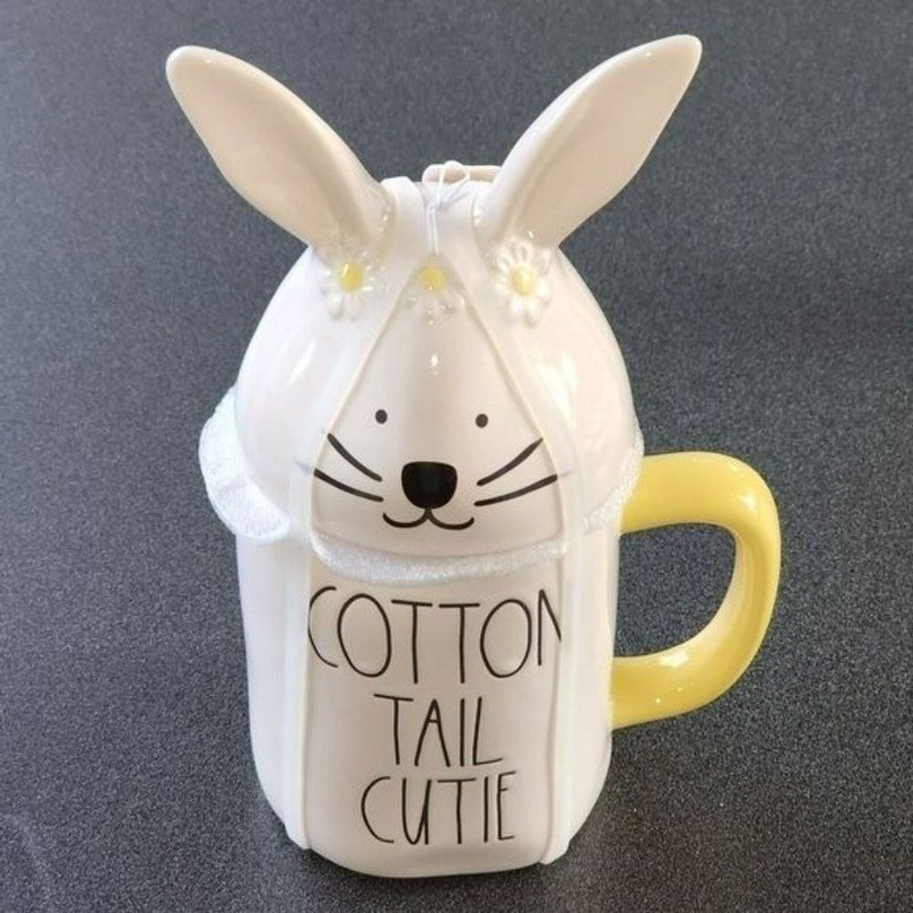 Rae Dunn White Cotton Tail Cutie Bunny Ceramic Coffee Mug With‎ Topper 16oz